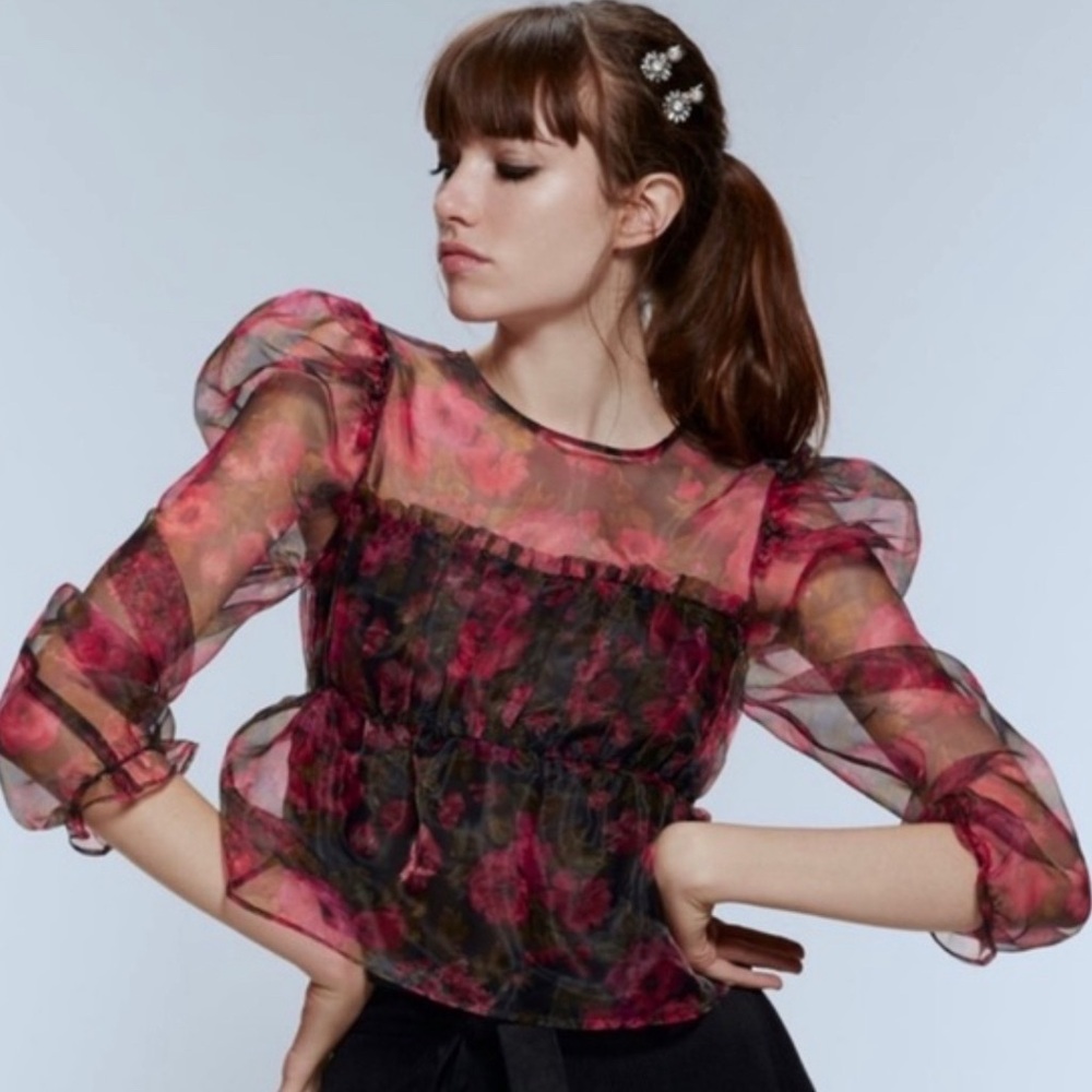 Zara floral puff blouse